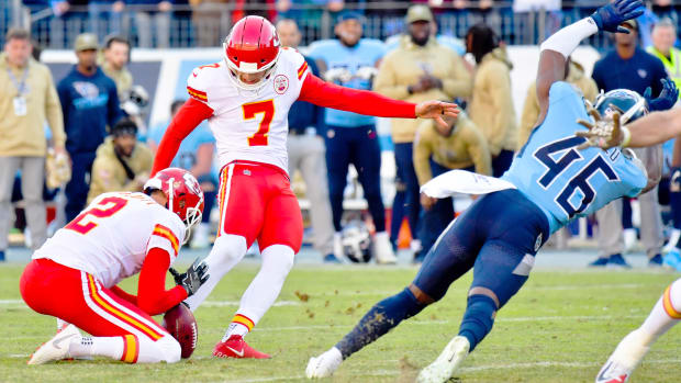 Nov 10, 2019; Nashville, TN, USA; Tennessee Titans defensive back Joshua Kalu (46) blocks a field goal attempt by Kansas City Chiefs kicker Harrison Butker (7) to win the game 35-32 during the second half at Nissan Stadium. Mandatory Credit: Jim Brown-USA TODAY Sports
